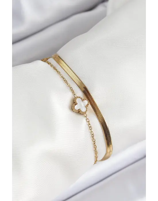 316L Çelik Gold Renk Siyah ve Beyaz Yoncalı İtalyan Zincirli 2li Kadın Bileklik