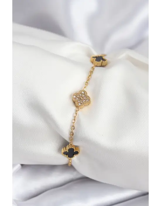 316L Çelik Gold Renk Siyah ve Zirkon Taşlı Baby Boy Yonca Kadın Bileklik