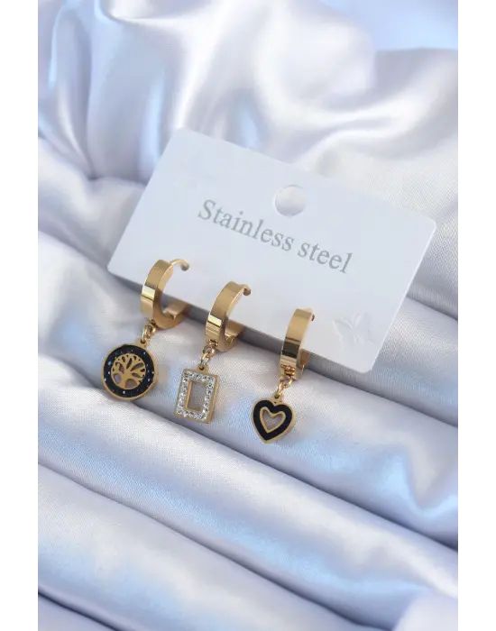 316L Çelik Gold Renk Siyah Yaşam Ağacı Model Zirkon Taş Detay Kadın Küpe