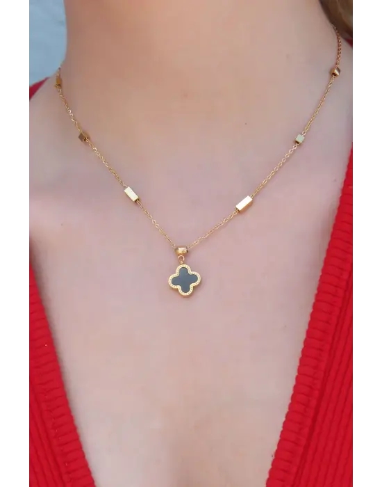  Altın  Siyah Yonca Figür  Çelik Kolye