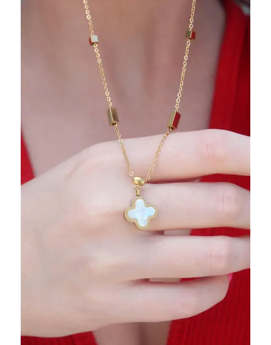  Altın  Siyah Yonca Figür  Çelik Kolye