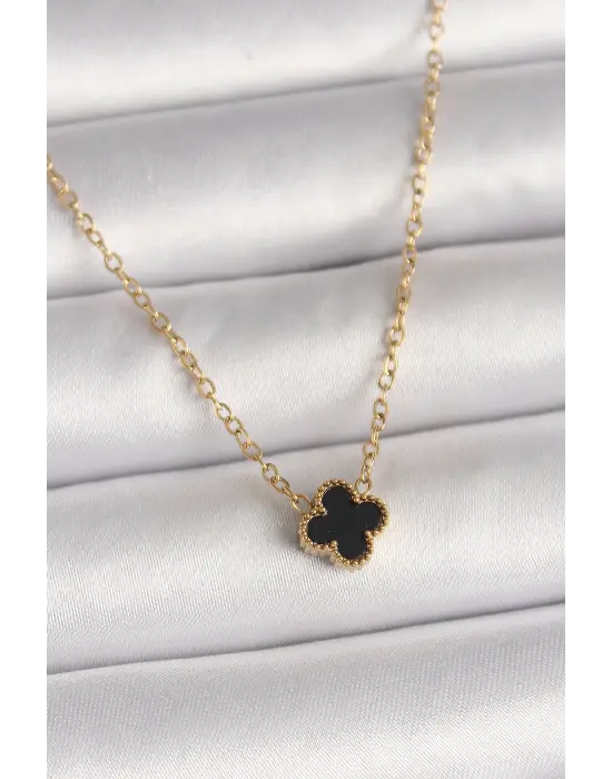 316L Çelik Gold Renk Siyah Yonca Model Kadın Kolye