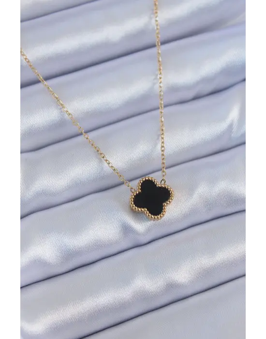 316L Çelik Gold Renk Siyah Yonca Model Kadın Kolye
