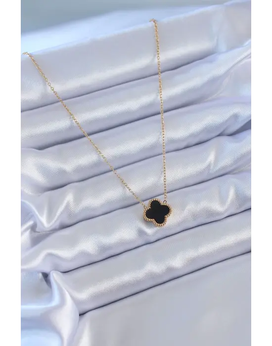 316L Çelik Gold Renk Siyah Yonca Model Kadın Kolye