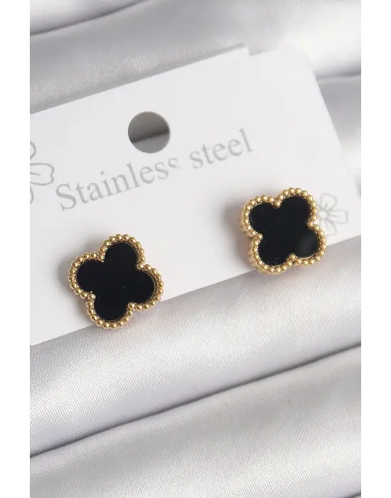   Altın Siyah Yonca Model Çelik Küpe