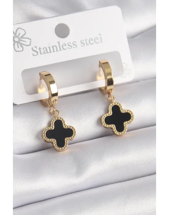   Altın Siyah Yonca Model Çelik Küpe