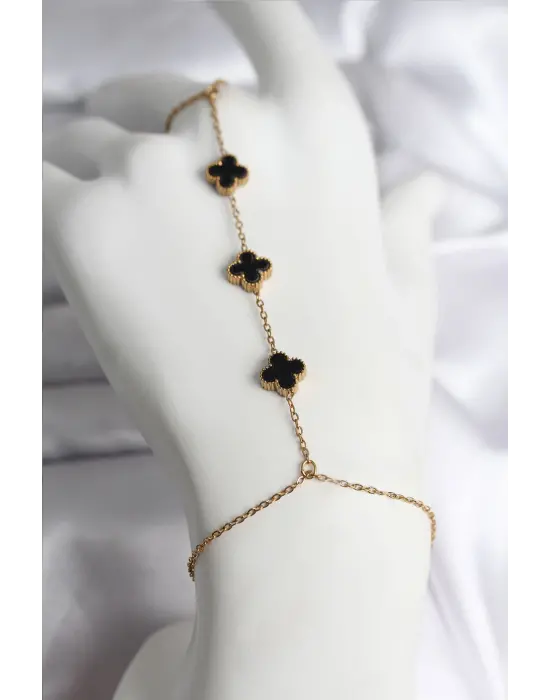 316L Çelik Gold Renk Siyah Yonca Model Kadın Şahmeran