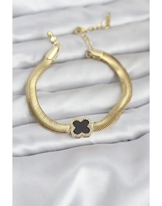 316L Çelik Gold Renk Siyah Yonca Model Zirkon Taşlı Yılan Zincirli Kadın Bileklik