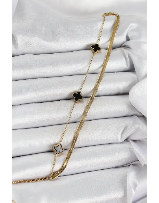 316L Çelik Gold Renk Siyah Yoncalı İtalyan Zincirli 2li Kadın Bileklik