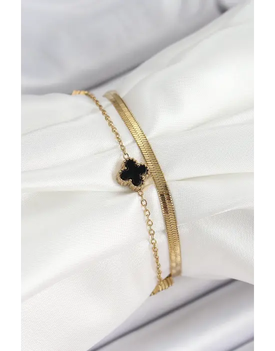 316L Çelik Gold Renk Siyah Yoncalı İtalyan Zincirli 2li Kadın Bileklik