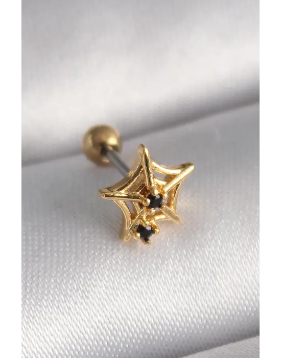 316L Çelik Gold Renk Siyah Zirkon Taş Detay Örümcek Ağ Model Tragus Piercing