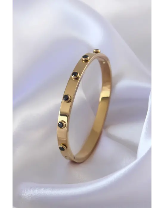 316L Çelik Gold Renk Siyah Zirkon Taşlı Kadın Kelepçe