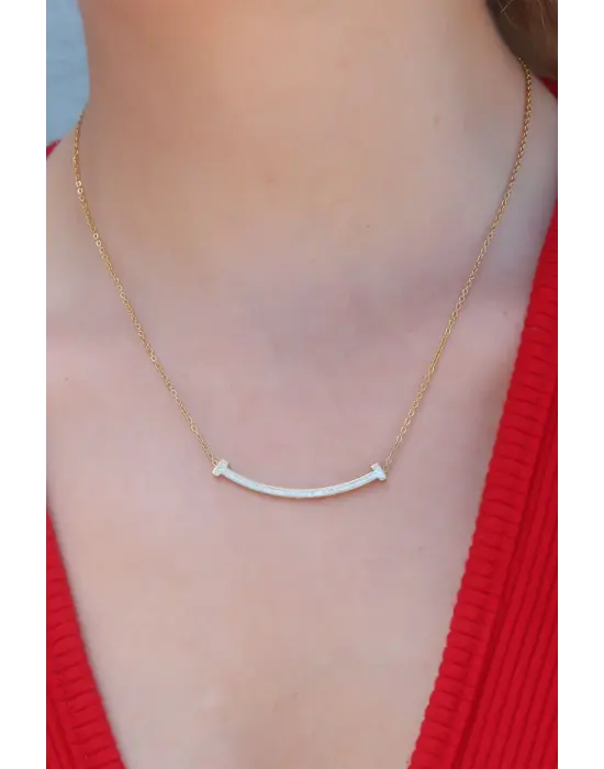  Altın  Smile Model Zirkon Taşlı  Çelik Kolye