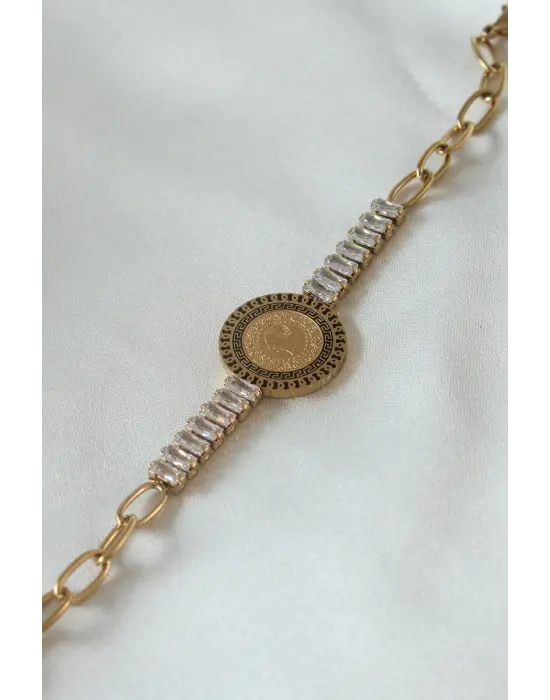 316L Çelik Gold Renk Tam Altın Modelli Zirkon Taşlı Kadın Bileklik