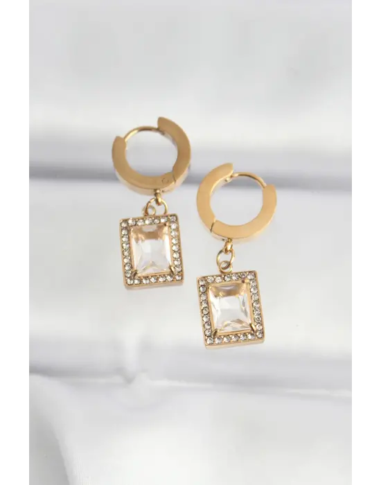   Altın Taşlı Dikdörtgen Model Küpe