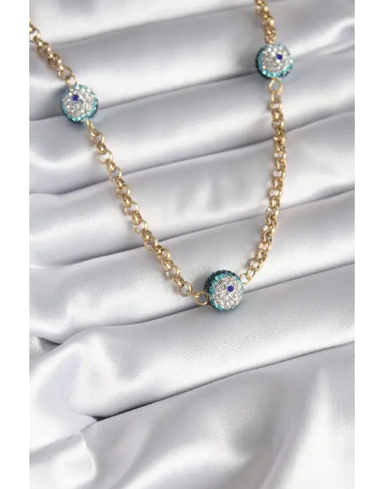  Altın  Taşlı Nazar Boncuklu  Çelik Kolye