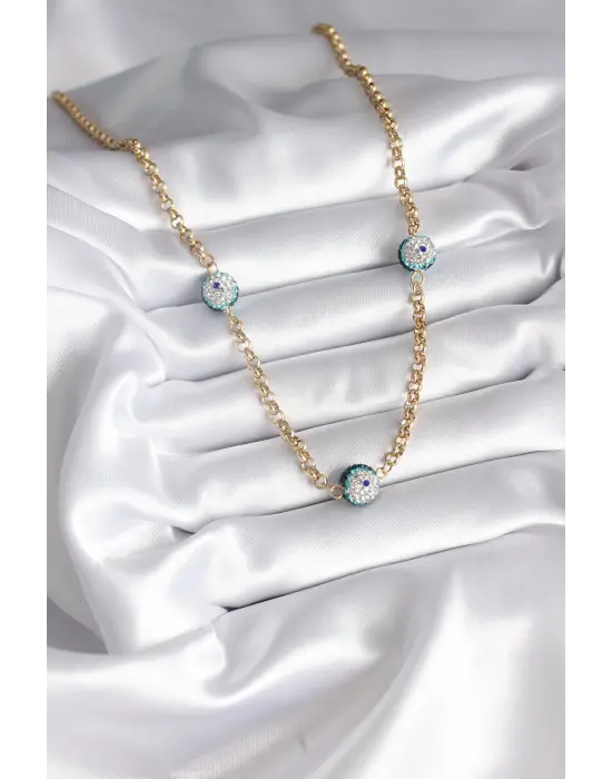  Altın  Taşlı Nazar Boncuklu  Çelik Kolye