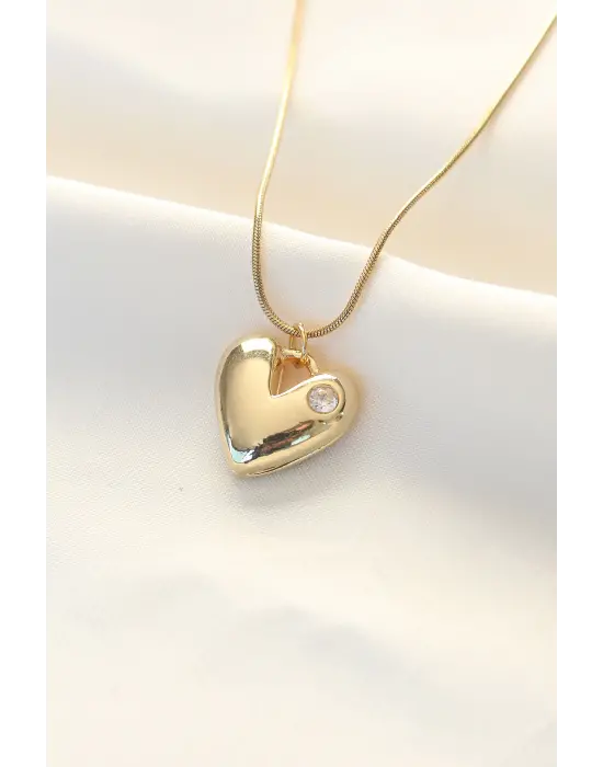  Altın  Tek Taşlı Kalp Çelik Kolye