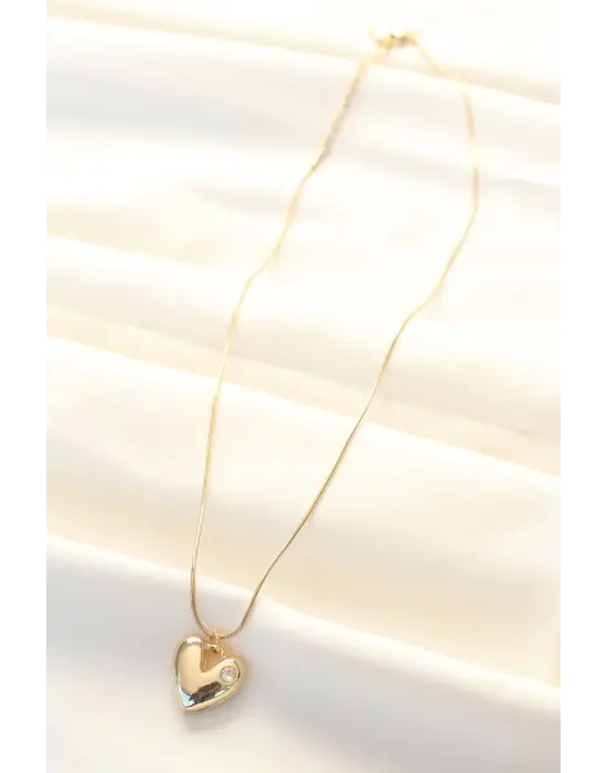  Altın  Tek Taşlı Kalp Çelik Kolye
