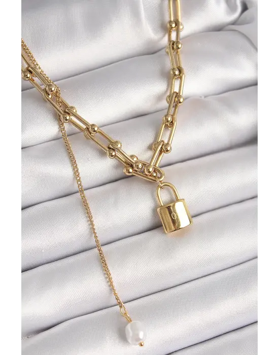 316L Çelik Gold Renk Tiffany Zincir Model Kilit Figür Sallantı İnci Detay Kadın Kolye