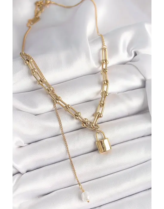 316L Çelik Gold Renk Tiffany Zincir Model Kilit Figür Sallantı İnci Detay Kadın Kolye