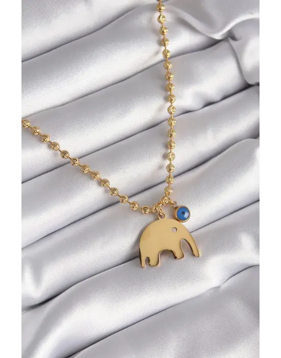  Altın  Top Zincir Model Fil Figür Nazar Boncuk Detay  Çelik Kolye
