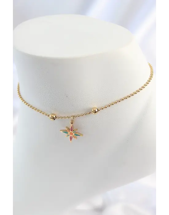 316L Çelik Gold Renk Topçuk Detay Renkli Çiçek Model Kadın Halhal