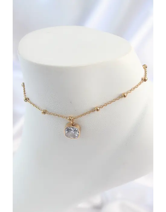 316L Çelik Gold Renk Topçuk Zincir Model Sallantı Kare Zirkon Taş Model Kadın Halhal