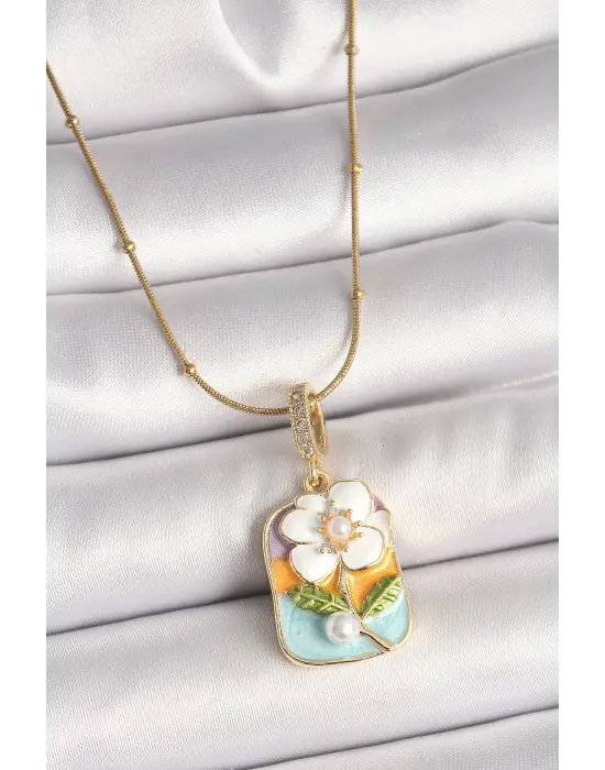 316L Çelik Gold Renk Topçuk Zincir Renkli Beyaz Çiçek Portre Model İnci Detay Kadın Kolye