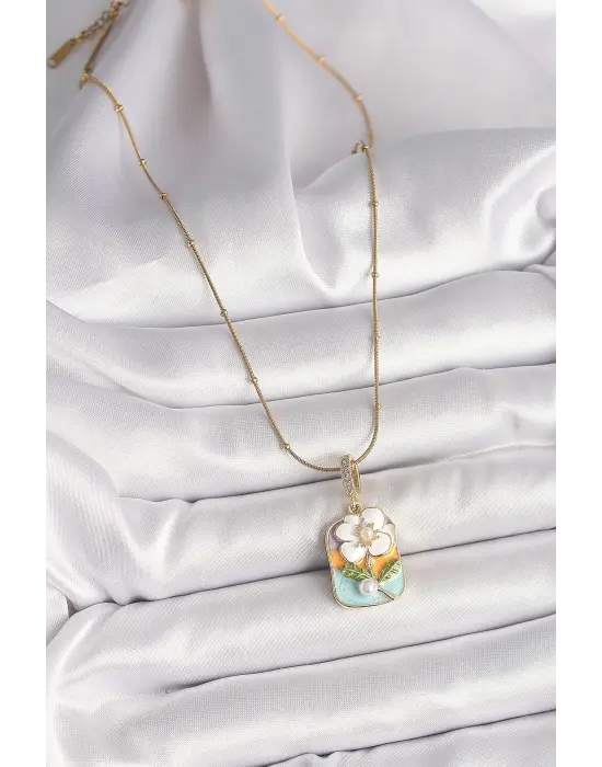 316L Çelik Gold Renk Topçuk Zincir Renkli Beyaz Çiçek Portre Model İnci Detay Kadın Kolye