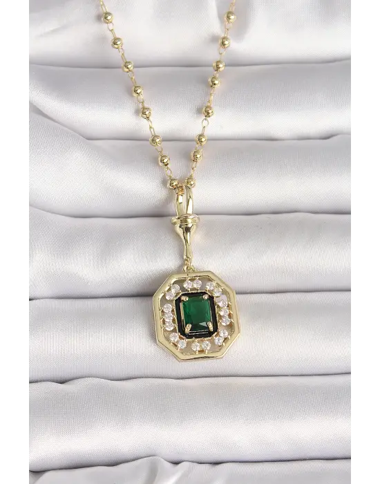 316L Çelik Gold Renk Topçuk Zincir Yeşil Taşlı Seranay Model Kadın Kolye