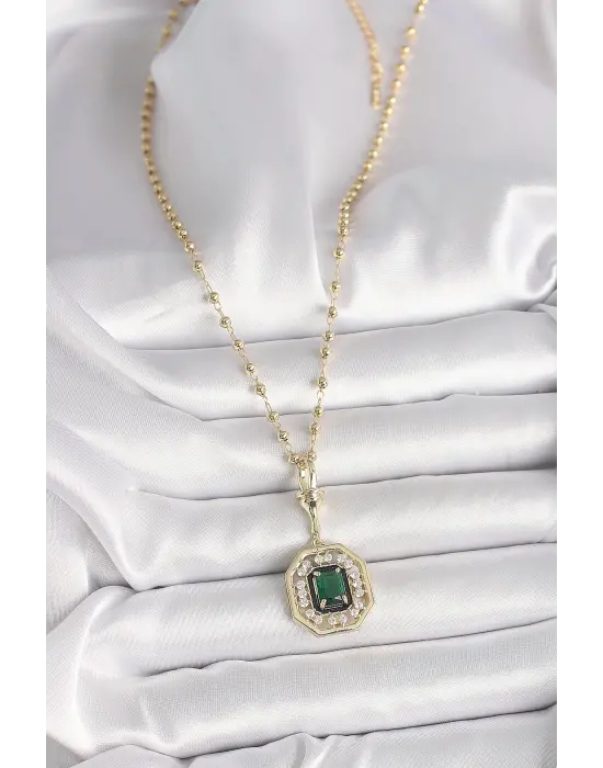 316L Çelik Gold Renk Topçuk Zincir Yeşil Taşlı Seranay Model Kadın Kolye
