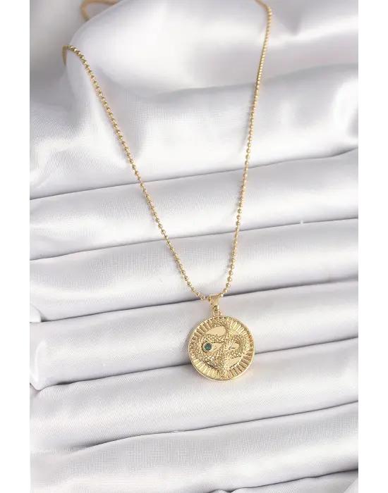  Altın  Topçuk Zincir Yılan İşlemeli Zirkon Taş Detaylı Madalyon Model  Çelik Kolye