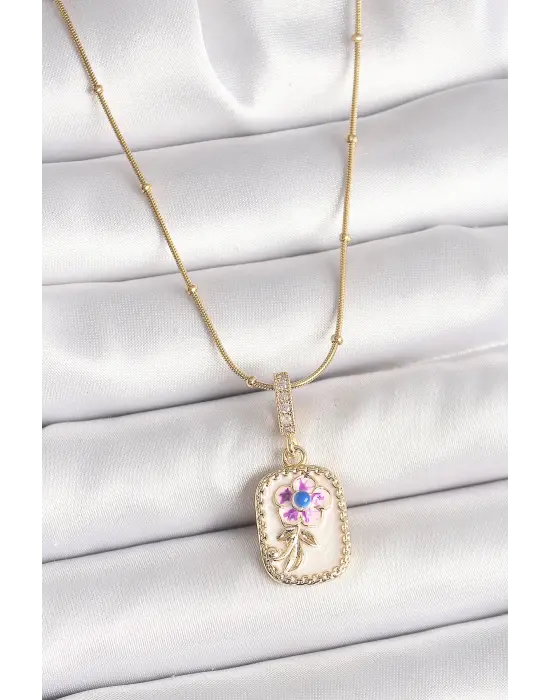 316L Çelik Gold Renk Topçuk Zincir Zirkon Taş Detaylı Beyaz Sedefli Çiçek İşleme Portre Model Kadın Küpe