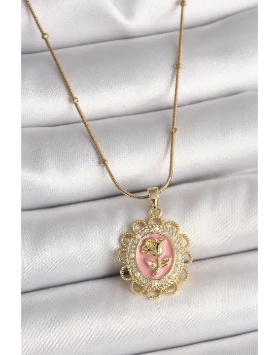 316L Çelik Gold Renk Topçuk Zincir Zirkon Taş Detaylı Pembe Gül İşlemeli Portre Model Kadın Kolye