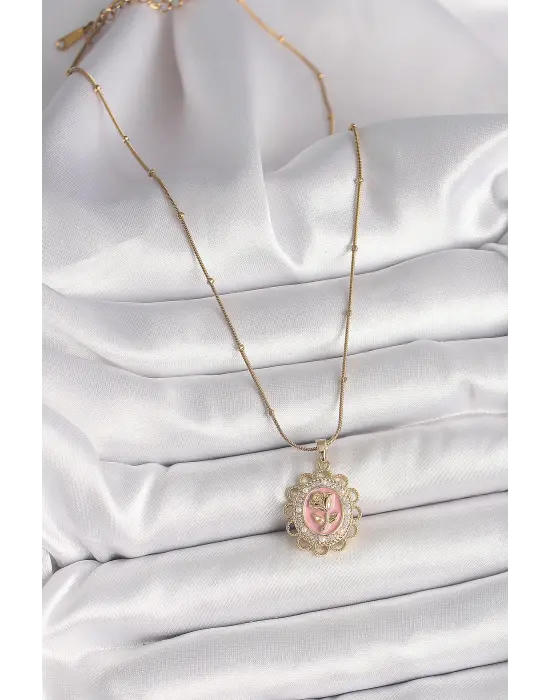 316L Çelik Gold Renk Topçuk Zincir Zirkon Taş Detaylı Pembe Gül İşlemeli Portre Model Kadın Kolye