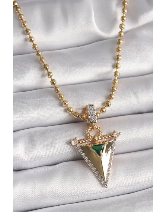 Altın Topçuk Zincir Zirkon Taşlı 3D Üçgen Model Çelik Kolye