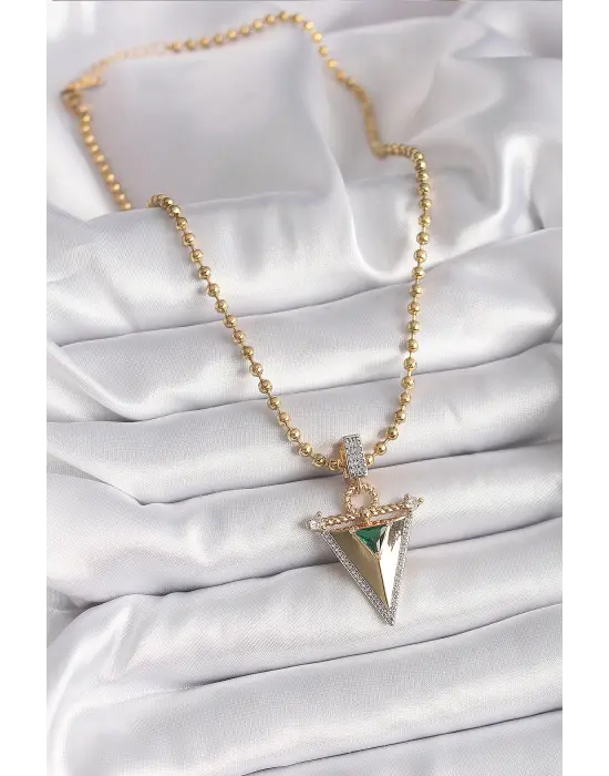 Altın Topçuk Zincir Zirkon Taşlı 3D Üçgen Model Çelik Kolye