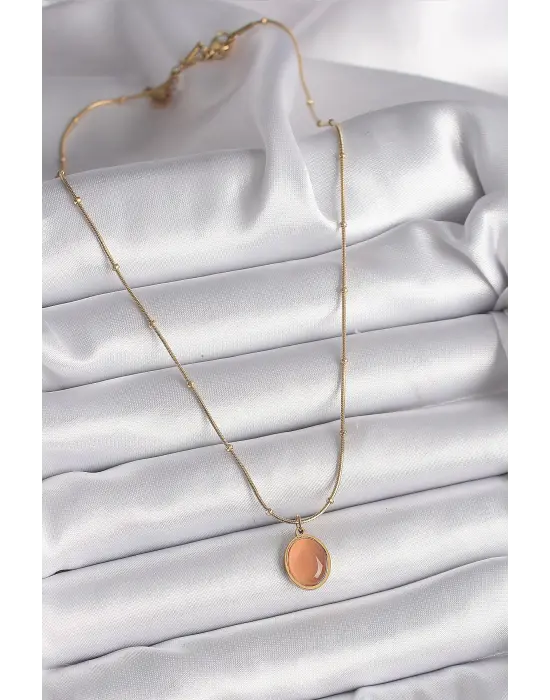  Altın  Turuncu Kedi Gözü Sedefli Oval Model  Çelik Kolye