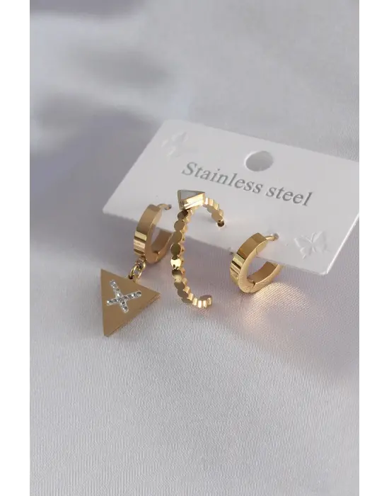 316L Çelik Gold Renk Üçgen Model Zirkon Taşlı Kadın Küpe Kombini
