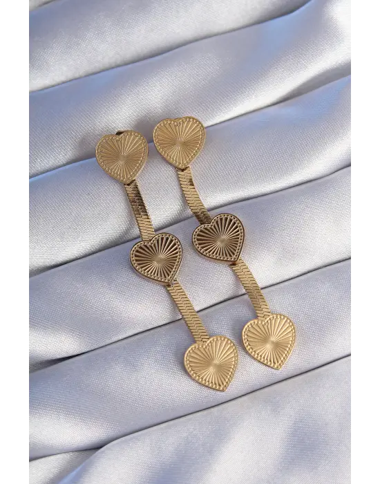   Altın Uzun İtalyan Zincir Detaylı Kalp Küpe