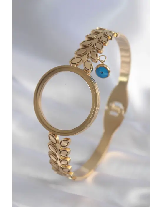 316L Çelik Gold Renk Yaprak İşleme Açılabilir Fanus Model Nazar Boncuk Detay Kadın Kelepçe