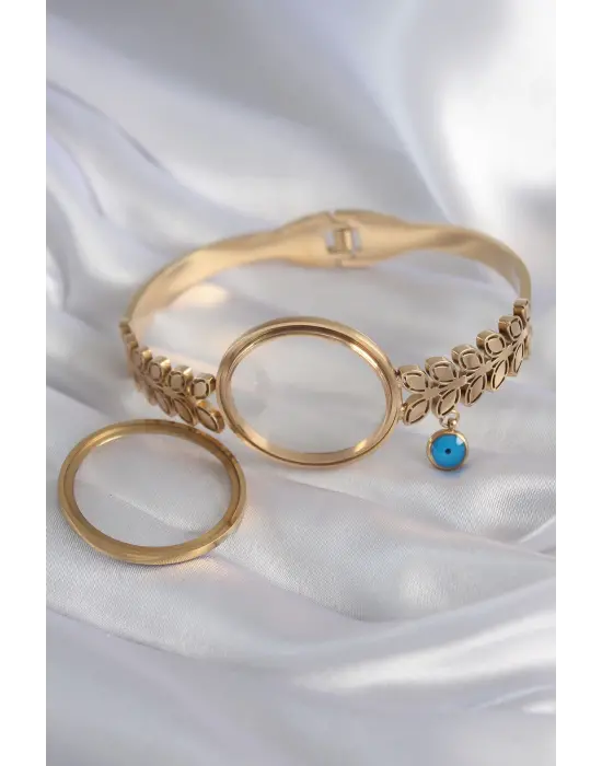 316L Çelik Gold Renk Yaprak İşleme Açılabilir Fanus Model Nazar Boncuk Detay Kadın Kelepçe