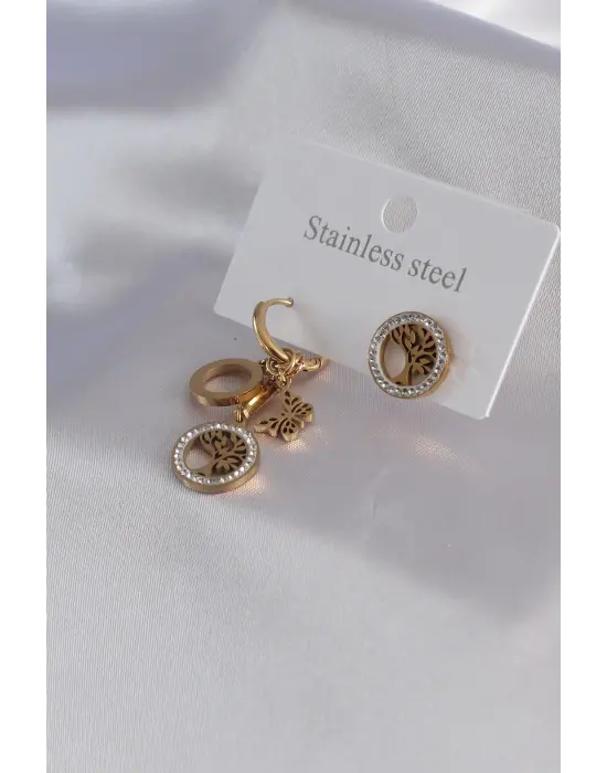 316L Çelik Gold Renk Yaşam Ağacı Figür Zirkon Taş Detay Kadın Küpe Kombini