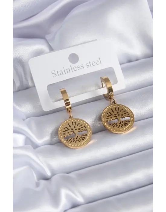   Altın Yaşam Ağacı Model Çelik Küpe