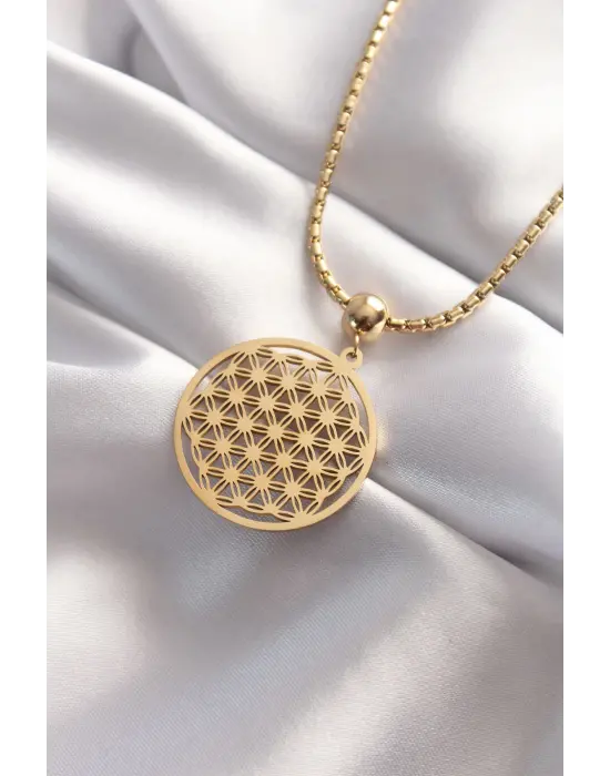  Altın  Yaşam Çiçeği Çelik Kolye