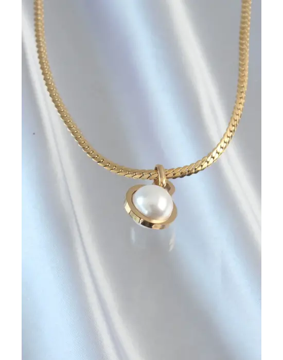  Altın  Yassı Zincir İnci Taşlı Çelik Kolye