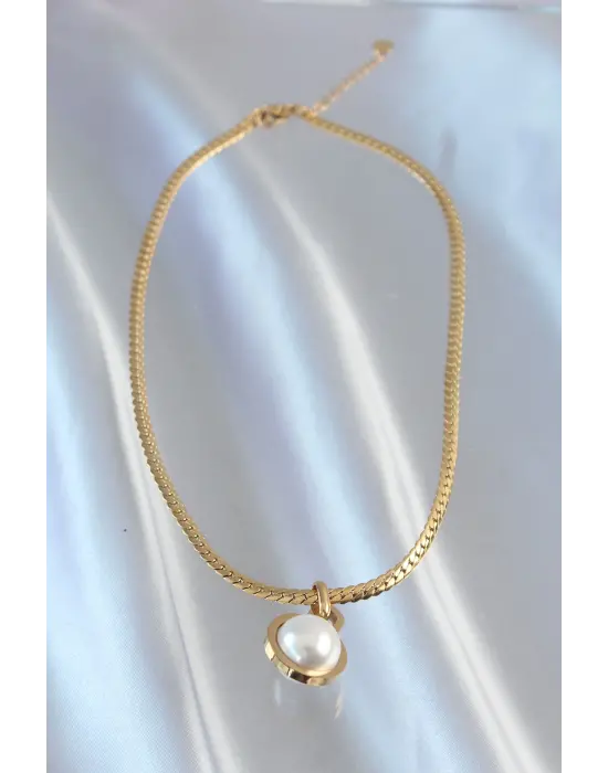  Altın  Yassı Zincir İnci Taşlı Çelik Kolye