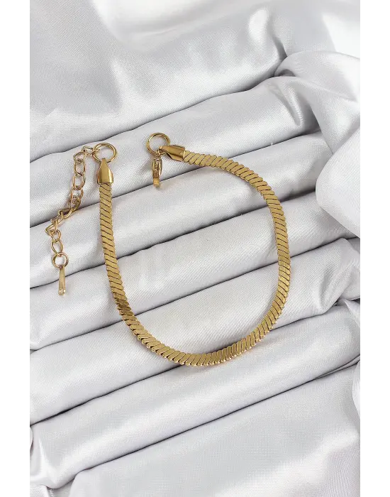 316L Çelik Gold Renk Yassı Zincir Model Kadın Bileklik