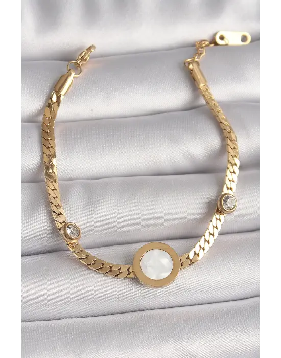 316L Çelik Gold Renk Yassı Zincir Model Zirkon Taş Detaylı Beyaz Mineli Madalyon Model Kadın Bileklik